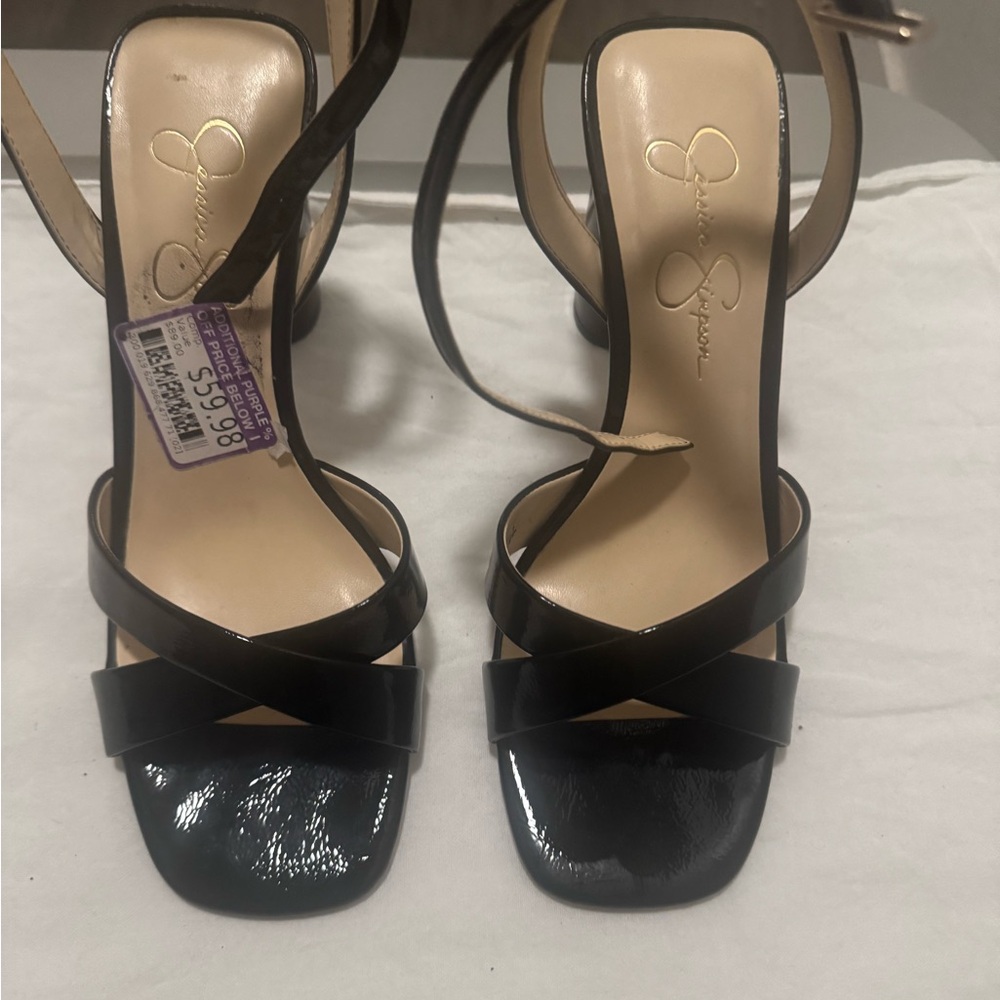 Jessica Simpson Black Block Heeled Patent Leather Sandals Size 9W WORN ONCE